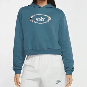 Nike Women Ash Green Floral Print Crop Pullover Hoodie Size Small